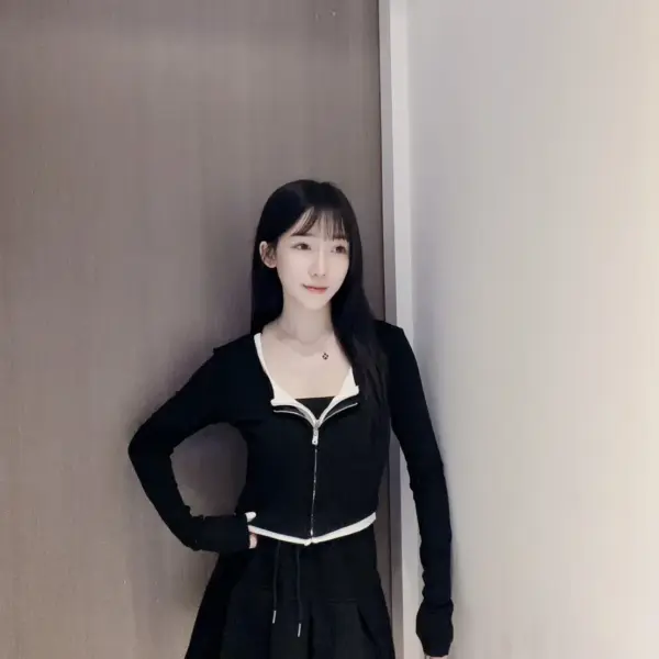 雙層拉鏈假兩件拼色上衣