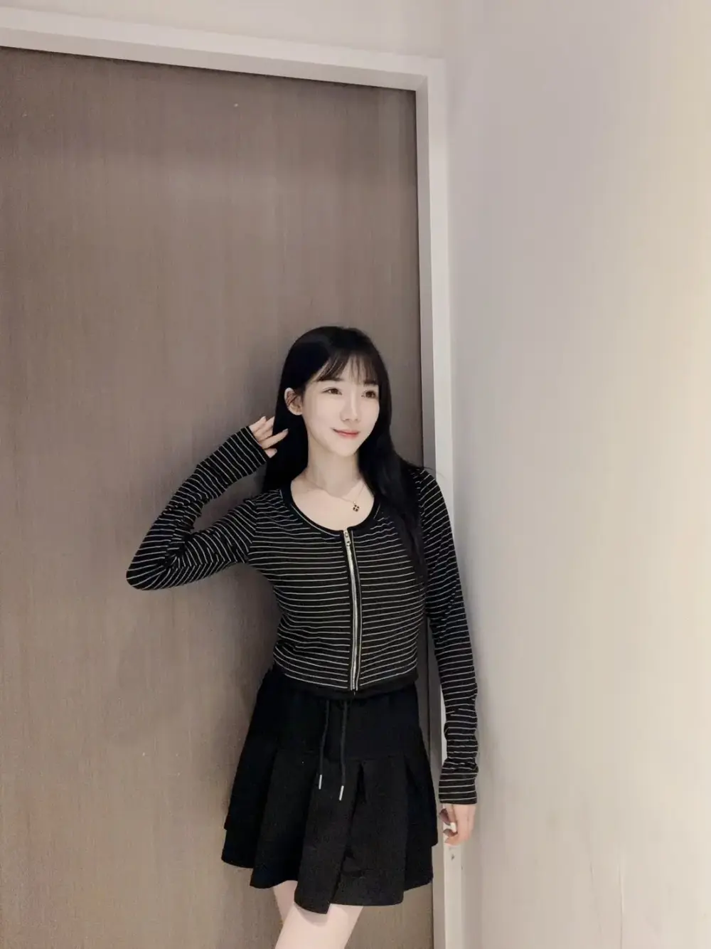 雙層拉鏈假兩件拼色上衣