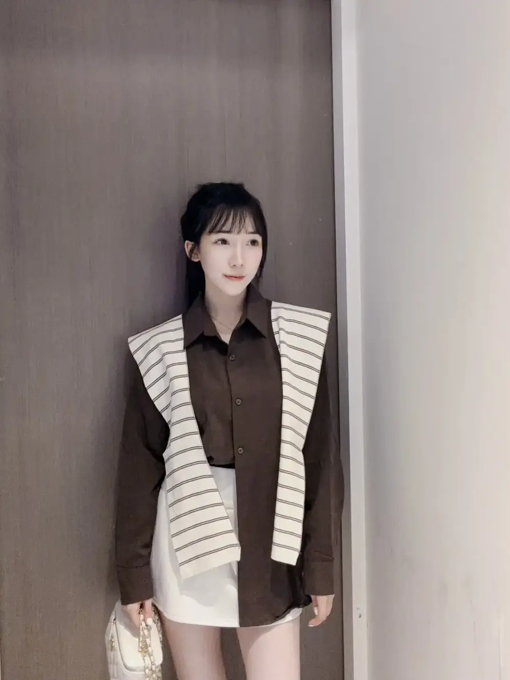 韓系銅氨絨配披肩襯衫